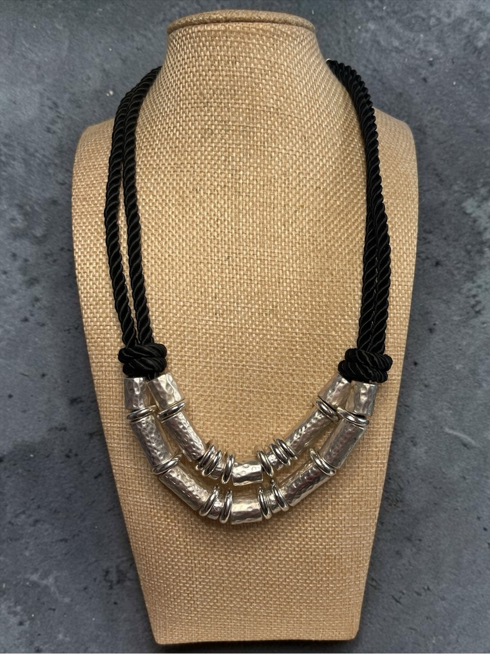 Chico's Black Rope Hammered Silver Tone Double Strand Statement Necklace